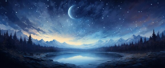 Fototapeta premium A tranquil night sky filled with stars and a blue moon casting a soft glow over a dark landscape.