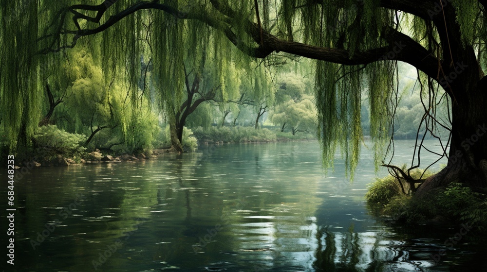 Poster a tranquil pond surrounded by weeping willow branches, creating a serene backdrop for your photo art