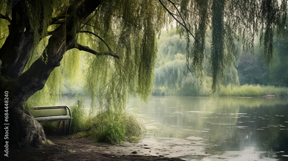 Poster a tranquil pond surrounded by weeping willow branches, creating a serene backdrop for your photo art
