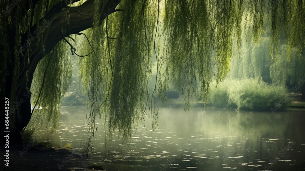 Poster a tranquil pond surrounded by weeping willow branches, creating a serene backdrop for your photo art