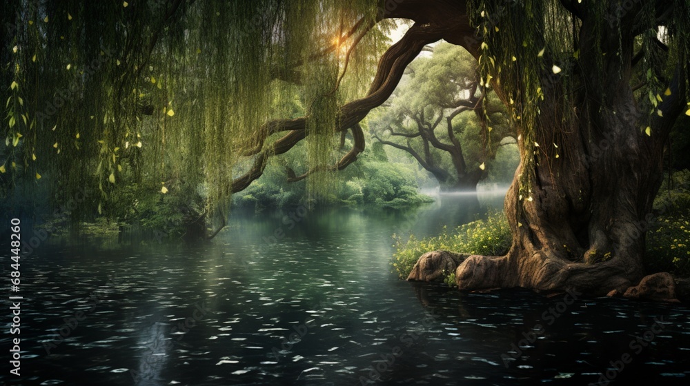 Poster a tranquil pond surrounded by weeping willow branches, creating a serene backdrop for your photo art