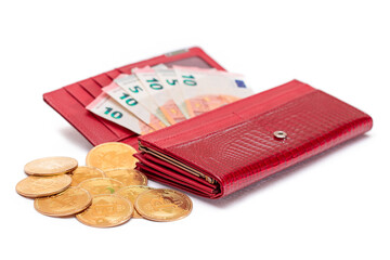 Opened Red Women Purse with 10 Euro Banknotes Inside and Bitcoin Coins - Isolated on White Background. A Wallet Full of Money Symbolizing Wealth, Success, Shopping and Social Status - Isolation