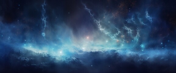 A vast expanse of a blue nebula in space, with stars and cosmic dust creating a mesmerizing scene.