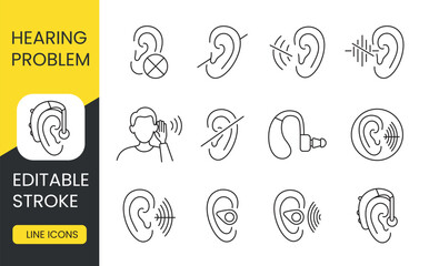 People with disabilities hearing problems, line icons set vector editable stroke, Hearing loss and deafness, deafness and deaf mute, hearing impairment. - obrazy, fototapety, plakaty