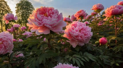 A vibrant and captivating pink peony garden captured in high-definition, offering a lively and colorful floral backdrop.