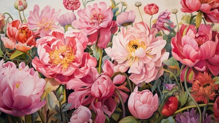 A vibrant and lively pink peony garden captured in exquisite detail, offering a colorful and inviting floral backdrop.