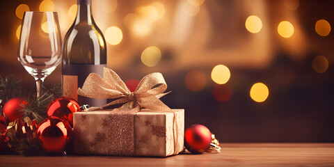 New years eve celebration background with champagne, Wine Christmas with gift box ,Glasses of champagne or sparkling wine in a festive atmosphere. Merry Christmas and Happy New Year generative ai - obrazy, fototapety, plakaty