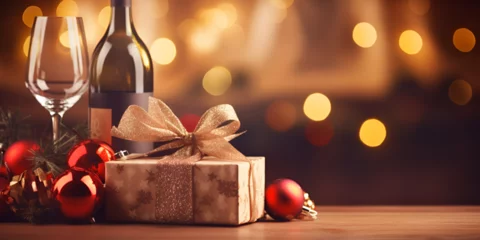 Fotobehang New years eve celebration background with champagne, Wine Christmas with gift box ,Glasses of champagne or sparkling wine in a festive atmosphere. Merry Christmas and Happy New Year generative ai © Hadi