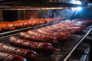 Photo of hot dogs grilling on a summer day. Industrial smoking of sausages and meat products in a factory. sausage in the smokehouse. flavorful sausages. - obrazy, fototapety, plakaty
