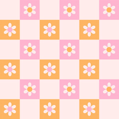 Retro checkerboard groovy seamless pattern with daisy flowers on a pink and orange checkered background. Cute colorful trendy vector illustration in style 70s, 80s for surface design