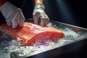 Worker's hands process salmon steak on ice. Chilled fish at a fish processing plant. Ice and salmon. Salmon fillets.