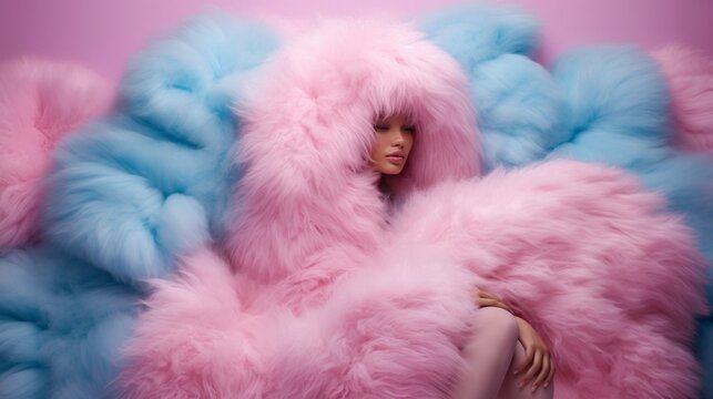 A visually enchanting image that showcases the abstract beauty of eco fur with its baby pink and blue tones, evoking the playful spirit of cotton candy