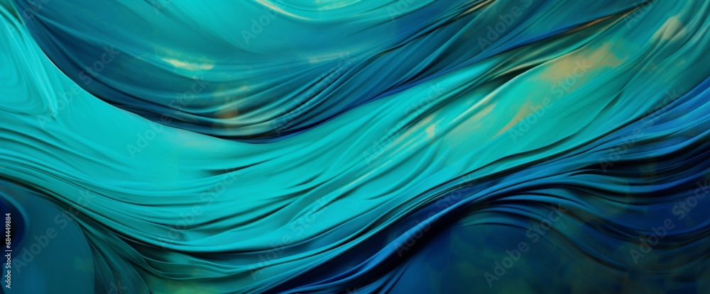 Poster an abstract liquid background with metallic peacock blue weaving through a teal canvas, simulating r
