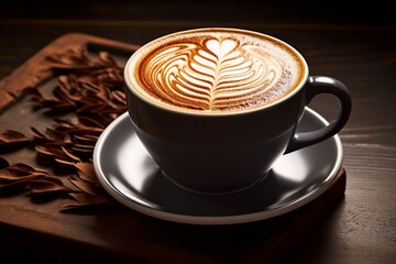 A steaming cup of aromatic coffee with latte art on the surface.