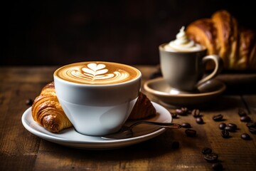 A steaming cup of coffee with latte art, accompanied by a freshly baked croissant on a rustic wooden table.