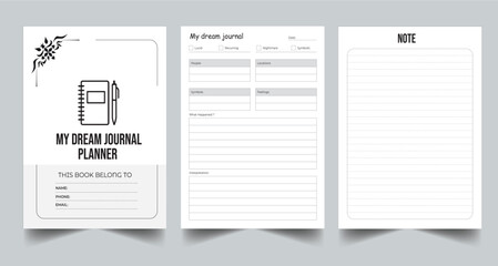 Editable Dream Journal Planner Log Book KDP Interior Printable Template Design.