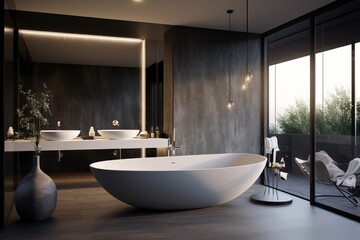 Fototapeta na wymiar A stylish bathroom with a freestanding bathtub, modern fixtures, and a large mirror reflecting the contemporary design.
