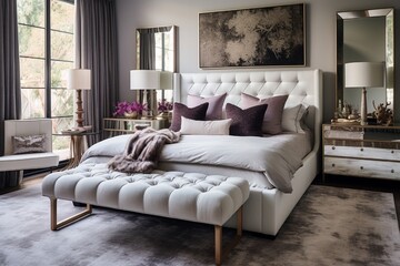 A stylish bedroom with a tufted headboard, mirrored nightstands, and layered textiles.