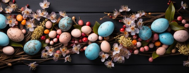 Festive Easter Eggs Amidst Blossoms on Dark Wooden Background