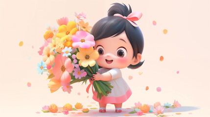 3d render a cute little girl holding a bouquet of colorful flowers with flower petals trickle around her isolated on pastel background for Mother’s Day concept. Valentine’s day concept. 