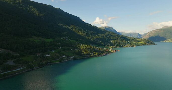 Coastal Village Of Luster And Lustrafjord During Summer In Vestland County, Norway. Aerial Wide Shot 