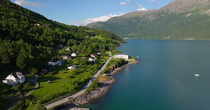 Road 55 Along Lustrafjorden Near Luster Village During Summer On The West Coast In Norway. Aerial Drone Shot