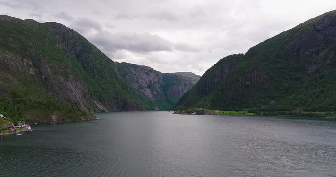 Hiking Mountain Ridges Of Langfossen Waterfall On The West Coast, Norway. Aerial Wide Shot