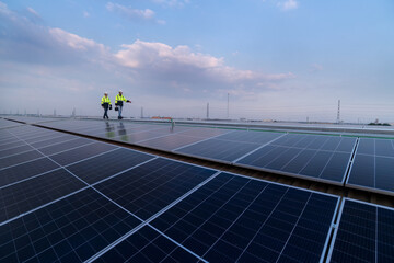 Engineers walking on roof inspect and check solar cell panel by hold equipment box and radio...
