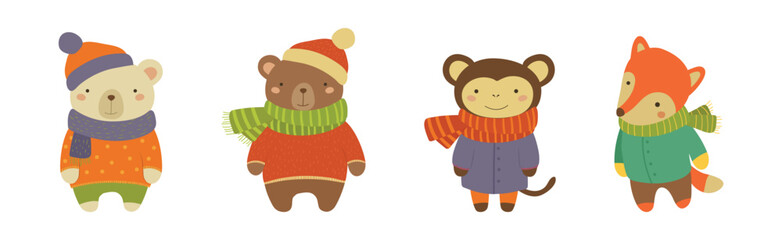 Funny Animal Wearing Warm Clothes and Scarf Vector Set