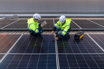Engineers walking on roof inspect and check solar cell panel by hold equipment box and radio...
