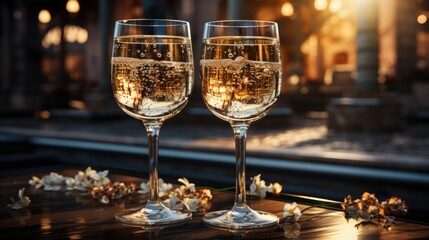Champagne Glasses Toasting in Warm Glowing Evening Celebration Ambiance