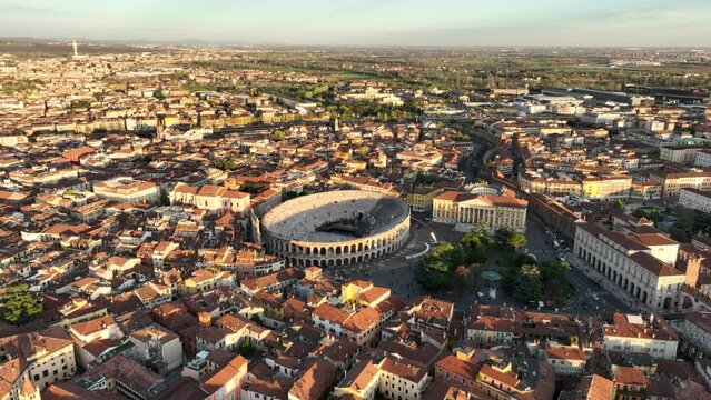 Aerial Drone view of  Verona's Piazza Bra - City Center, Arena, Gran Guardia and City Hall  - not graded
