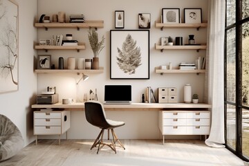 A stylish home office with a floating desk, built-in storage, and a gallery wall of inspiration.