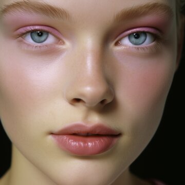 Generative AI image of a young woman wears pink soft eyeshadow for a fashion show