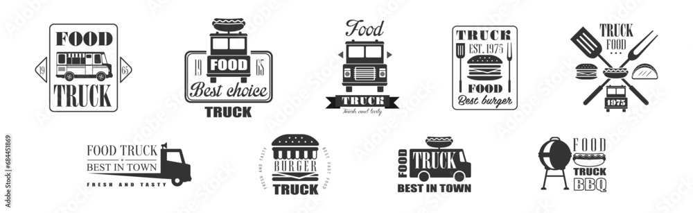 Wall mural food truck logo and label design with text vector set