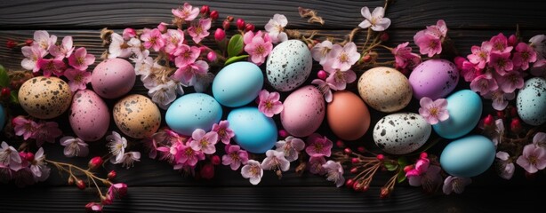 Pastel Easter Eggs with Spring Blossoms on Dark Wood