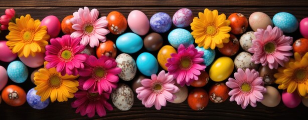 Pastel Easter Eggs with Spring Blossoms on Dark Wood