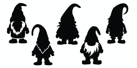 Set of black and white Christmas gnomes. Christmas gnomes silhouette set. Vector illustration