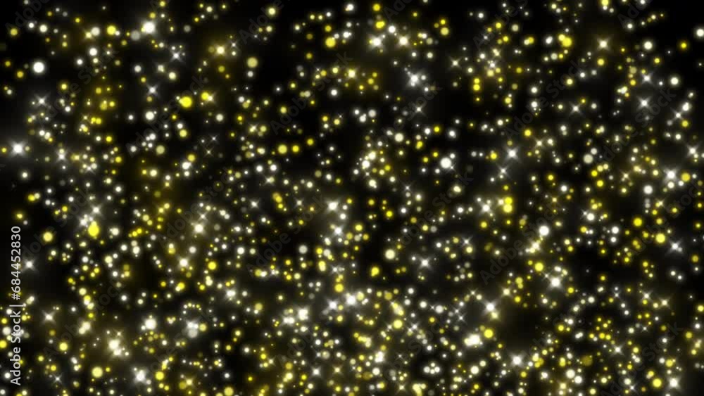 Poster video animation of golden glitter particles - particles of rain with defocused bokeh. abstract movin