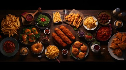 buffet table scene of take out or delivery food.