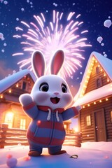Happy new year celebration scene with rabbit standing happily in snow 
