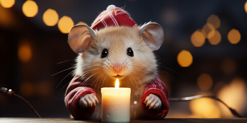 Süßer Hamster mit Kerzen im Lichter Bokeh im Querformat für Banner, ai generativ