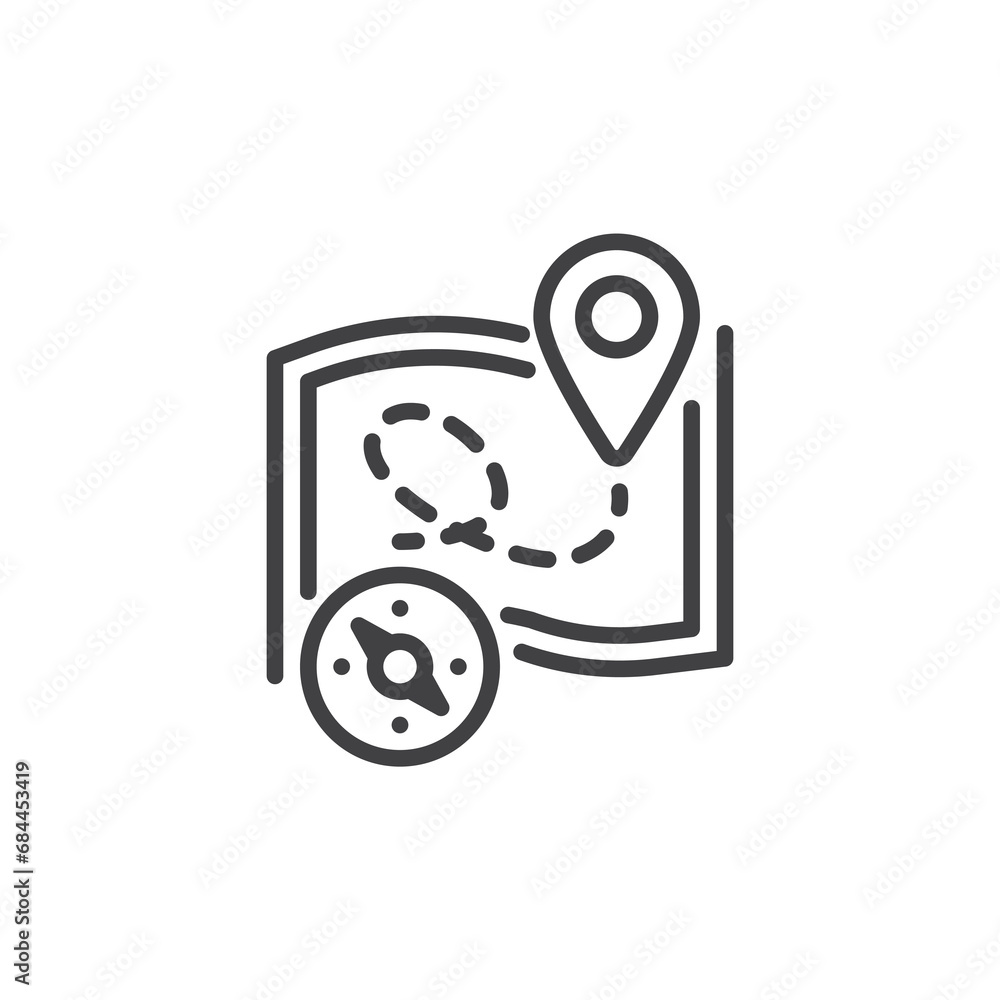 Poster map with location pin and compass line icon