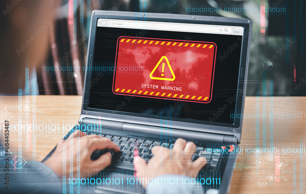 Poster attack system warning hacked alert on computer screen, cyber scam. cybersecurity vulnerability ident