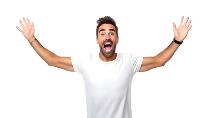 excited smiling man with raised hands isolated on white