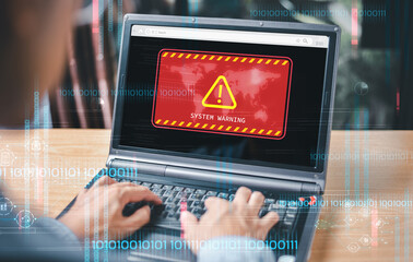 Attack system warning hacked alert on computer screen, cyber scam. Cybersecurity vulnerability...