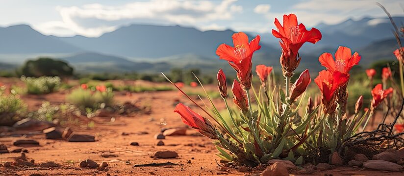 In the heart of Africa's South Province, amidst the bitter winter of Namaqualand, a brilliant red Gladiolus Saccatus flower blooms among the deciduous flora, enchanting the eyes of all who pass by