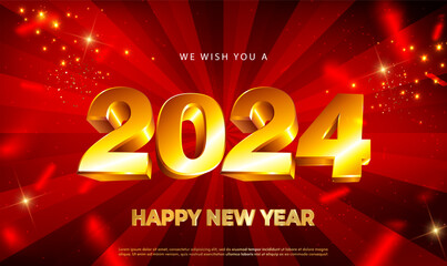 Happy new year 2024 with 3d metallic golden numbers on red sunburst background. Happy New Year and Merry Christmas 2024. Premium design for posters, banners, calendar, greetings. Premium Vector EPS10.