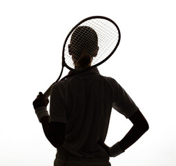 Silhouette, woman and racket in studio for tennis, sports competition and contest on white...