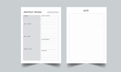 Editable Monthly Review Planner KDP Interior Printable Template Design.
